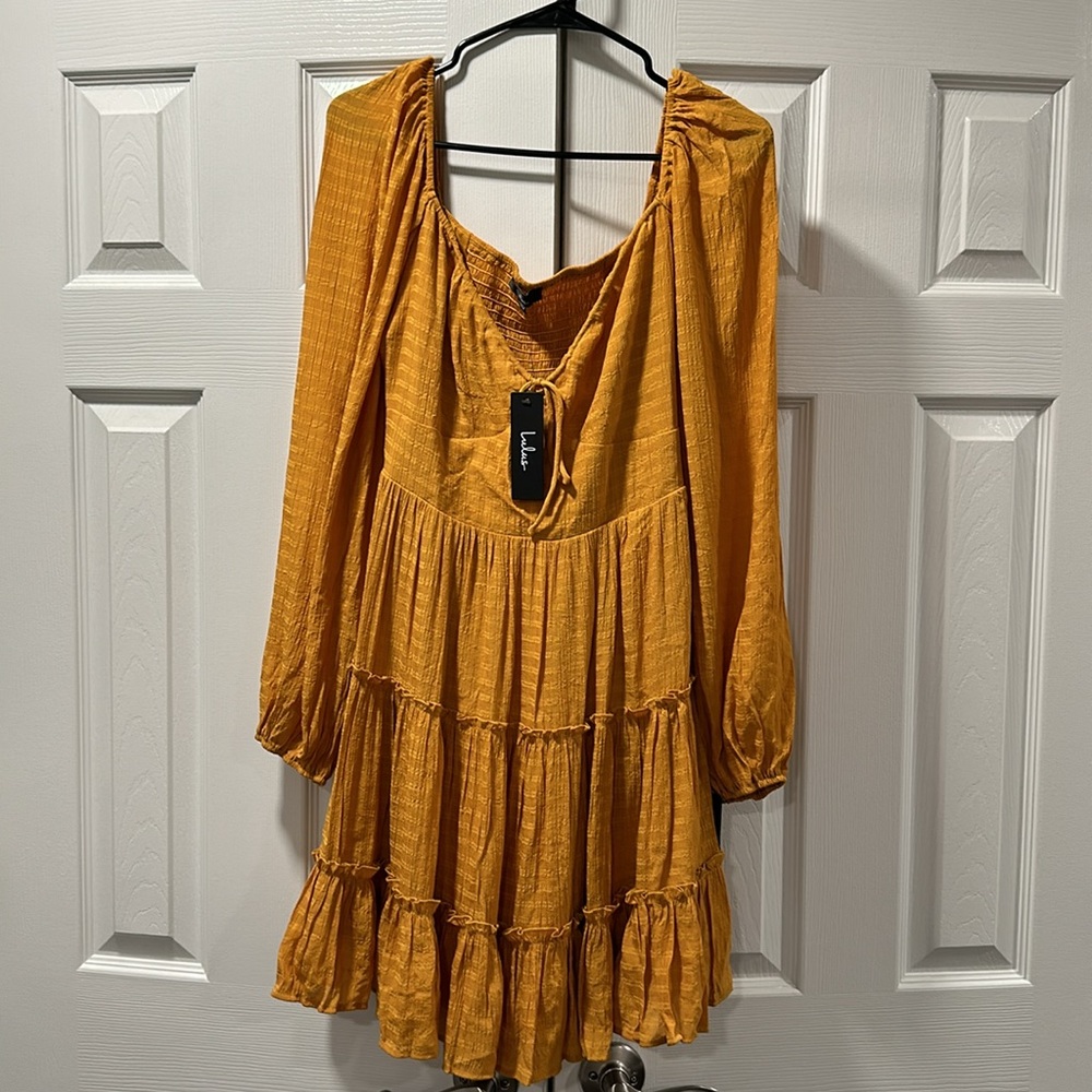 NWT- LULUs Tender Memories Yellow Tiered Ruffled Balloon Sleeve Mini Dress. L - Picture 7 of 13